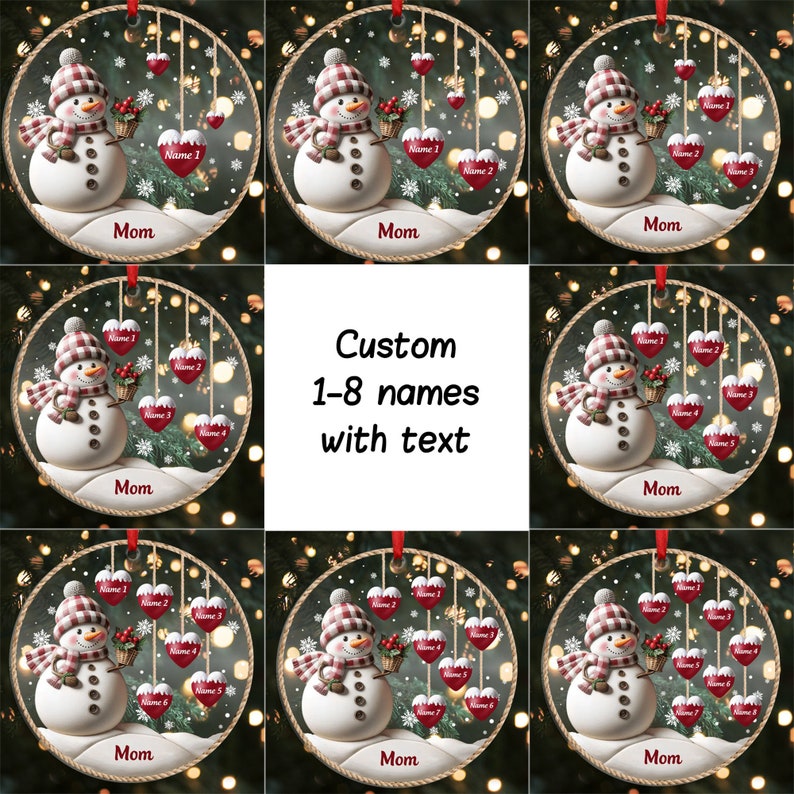 Personalized 1-8 Family Names Christmas Ornament, Acrylic Snowman Grandkid Ornament, Christmas Holiday Gift for Grandma/Mom, Xmas Tree Decor