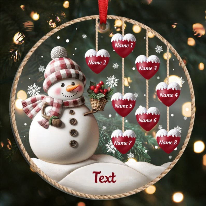 Personalized 1-8 Family Names Christmas Ornament, Acrylic Snowman Grandkid Ornament, Christmas Holiday Gift for Grandma/Mom, Xmas Tree Decor