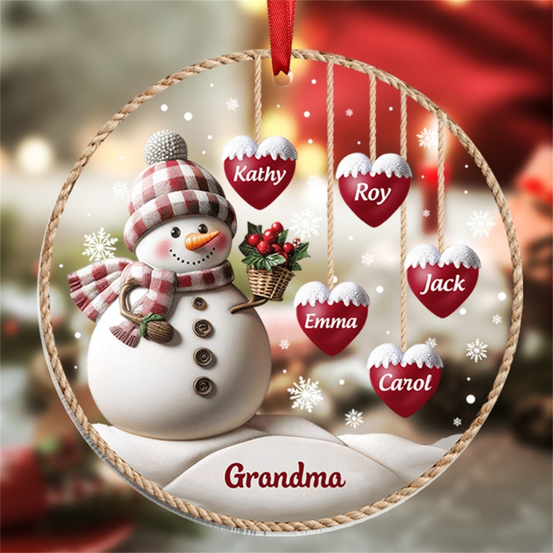 Personalized 1-8 Family Names Christmas Ornament, Acrylic Snowman Grandkid Ornament, Christmas Holiday Gift for Grandma/Mom, Xmas Tree Decor