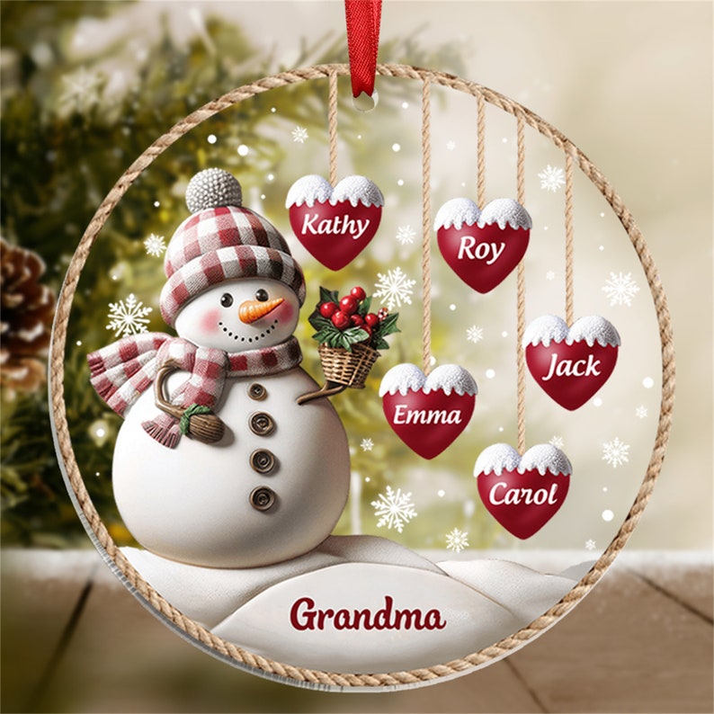 Personalized 1-8 Family Names Christmas Ornament, Acrylic Snowman Grandkid Ornament, Christmas Holiday Gift for Grandma/Mom, Xmas Tree Decor