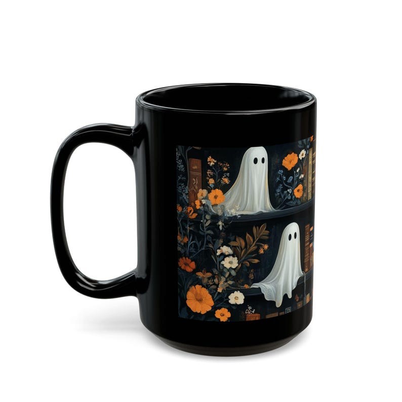 Spooky Ghost Bookshelf Mug Halloween Coffee Cup For Book Lovers 11oz  15oz Gothic Floral Design Ideal Book Club Gift