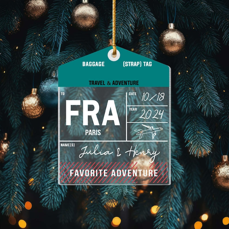 Personalized Luggage Tag Travel Christmas Ornament, Custom Travel Christmas Ornament, Name Ornament, Couples Ornament, Trip Xmas Gift 2024