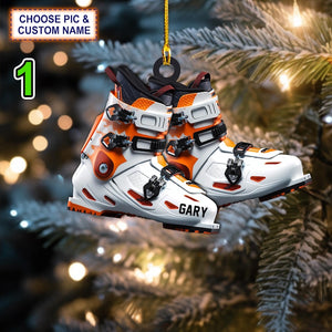 Custom Name Ski Boots Christmas Ornament, Christmas Tree Hanging Decor, Flat 2D Ornament Acrylic/ Wooden, Xmas Ski Gift For Skiing Lover