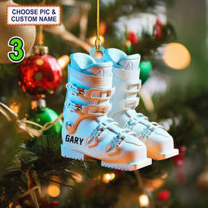 Custom Name Ski Boots Christmas Ornament, Christmas Tree Hanging Decor, Flat 2D Ornament Acrylic/ Wooden, Xmas Ski Gift For Skiing Lover
