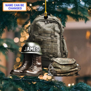 Custom Name Military Uniform Boots & Helmet V3 Christmas Ornament, Christmas Tree Hanging Decor,Flat 2D Ornament Acrylic/Wooden,Veteran Gift
