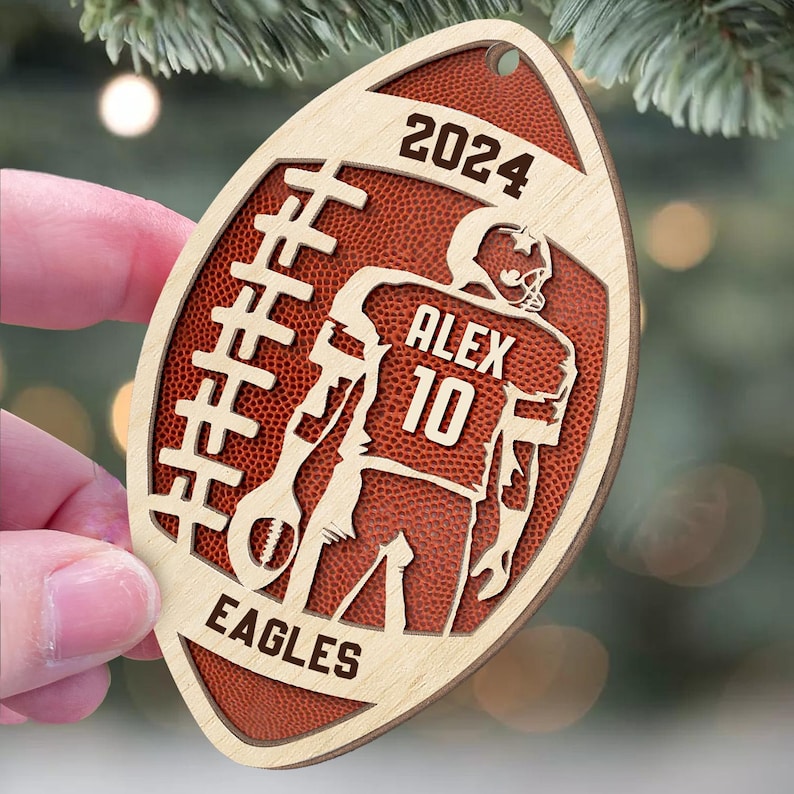 Custom Football Player Personalized 2 Layer Wooden Ornament, Football Fan Gift, Custom Name Number Football Player Art, Football Lovers Gift