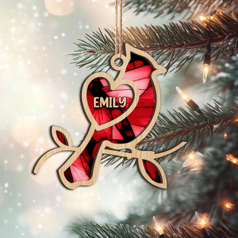 Personalized Cardinal Layered Wood Ornament, Custom Bird Christmas Tree Ornament, Cardinal Christmas Home Decor, Memorial Ornament Gifts
