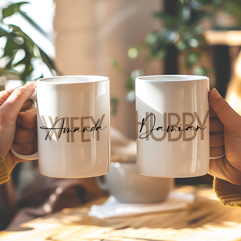 Personalized Wifey Hubby Mug Set, Custom Newly Wed Wedding Gift for Couple, 1st Anniversary Gift for Husband and Wife, Coffee Cup Newly Weds