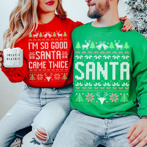 Unisex Funny Couples Ugly Christmas Sweater, Couples Matching Ugly Christmas Sweater, Santa Twice, Christmas Pajamas, Sold Seperate il_794xN.6311233526_51p2.jpg