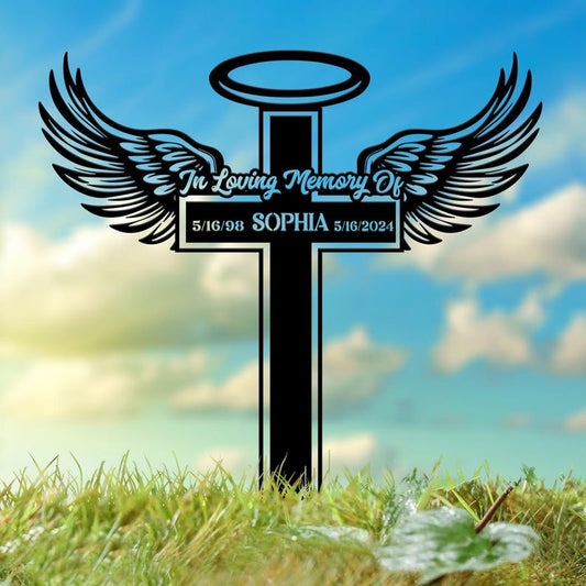 Personalized Angel Wings Metal Cross Memorial Stake, In Memory Cross, Grave Marker, Custom Cross Stake, Sympathy Gift, Remembrance Stake