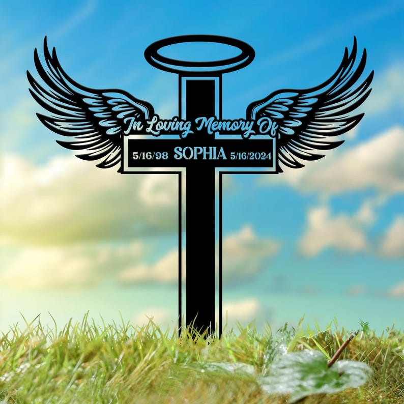 Personalized Angel Wings Metal Cross Memorial Stake, In Memory Cross, Grave Marker, Custom Cross Stake, Sympathy Gift, Remembrance Stake