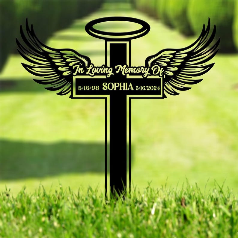 Personalized Angel Wings Metal Cross Memorial Stake, In Memory Cross, Grave Marker, Custom Cross Stake, Sympathy Gift, Remembrance Stake