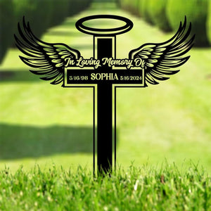 Personalized Angel Wings Metal Cross Memorial Stake, In Memory Cross, Grave Marker, Custom Cross Stake, Sympathy Gift, Remembrance Stake