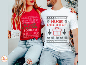 Hug Package Matching Christmas Couple Shirts, Ugly Christmas Sweatshirts for Couple, Couple Christmas Pajamas, Raunchy His and Hers Christmas Shirts