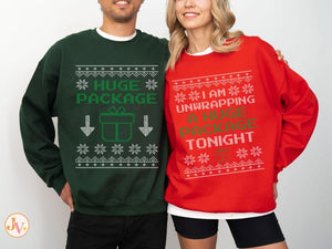 Hug Package Matching Christmas Couple Shirts, Ugly Christmas Sweatshirts for Couple, Couple Christmas Pajamas, Raunchy His and Hers Christmas Shirts