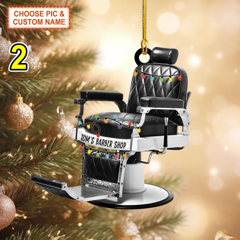 Custom Name Barber Chair Christmas Ornament, Christmas Tree Hanging Decor, Flat 2D Ornament Acrylic/ Wooden Gift For Baber Shop Owner