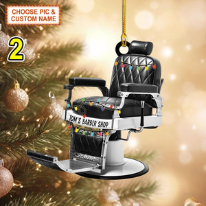 Custom Name Barber Chair Christmas Ornament, Christmas Tree Hanging Decor, Flat 2D Ornament Acrylic/ Wooden Gift For Baber Shop Owner