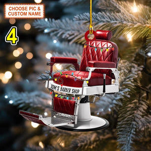 Custom Name Barber Chair Christmas Ornament, Christmas Tree Hanging Decor, Flat 2D Ornament Acrylic/ Wooden Gift For Baber Shop Owner