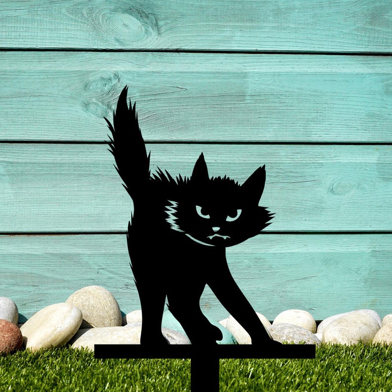 Black Cat Metal Yard Stake, Halloween Decor Outdoor Scardy Cat Creepy Cat Yard Stake, Black Cat Decor, Metal Cat Sign Halloween Yard Decor