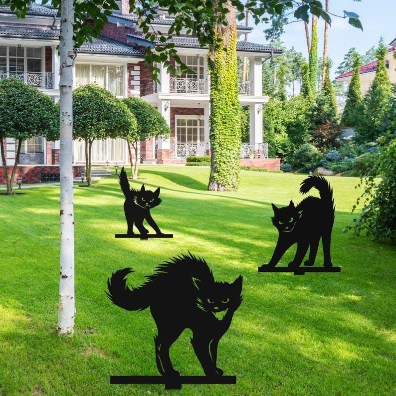 Black Cat Metal Yard Stake, Halloween Decor Outdoor Scardy Cat Creepy Cat Yard Stake, Black Cat Decor, Metal Cat Sign Halloween Yard Decor