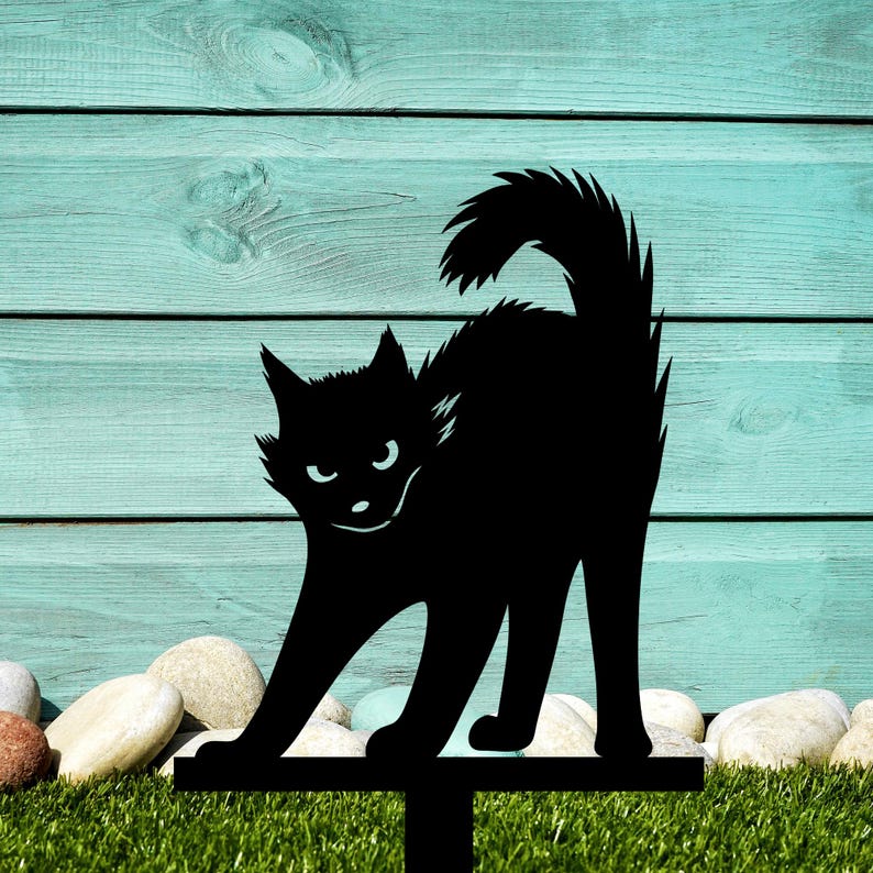Black Cat Metal Yard Stake, Halloween Decor Outdoor Scardy Cat Creepy Cat Yard Stake, Black Cat Decor, Metal Cat Sign Halloween Yard Decor