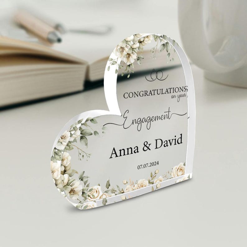 Custom Engagement Heart Plaque Gift, Personalized Congratulations Engaged Gift, Engagement Gift for Couple, Date Keepsake Gift