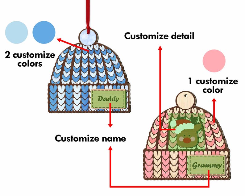 Personalized Winter Beanie Hat Custom 2 Layer Wooden Christmas Ornament, Christmas Winter Mitten, Stocking, Sweater, Baby Christmas Ornament