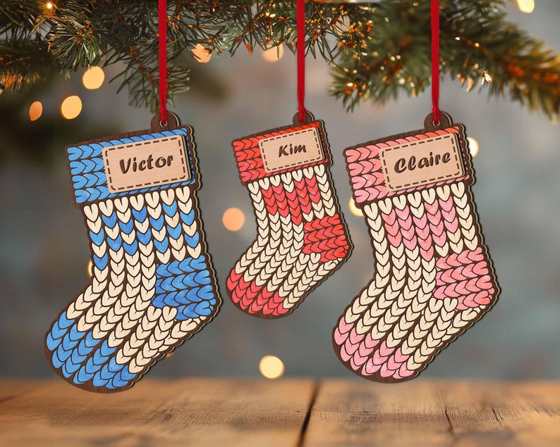 Personalized Winter Beanie Hat Custom 2 Layer Wooden Christmas Ornament, Christmas Winter Mitten, Stocking, Sweater, Baby Christmas Ornament