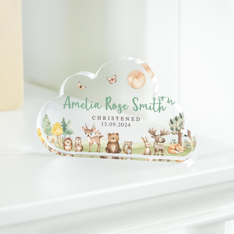 Personalised Christening Gift, Woodland Cloud Baby Plaque, Christening Keepsake Gift, Gift for New Baby, Baptised Gift, Dedicated Gifts