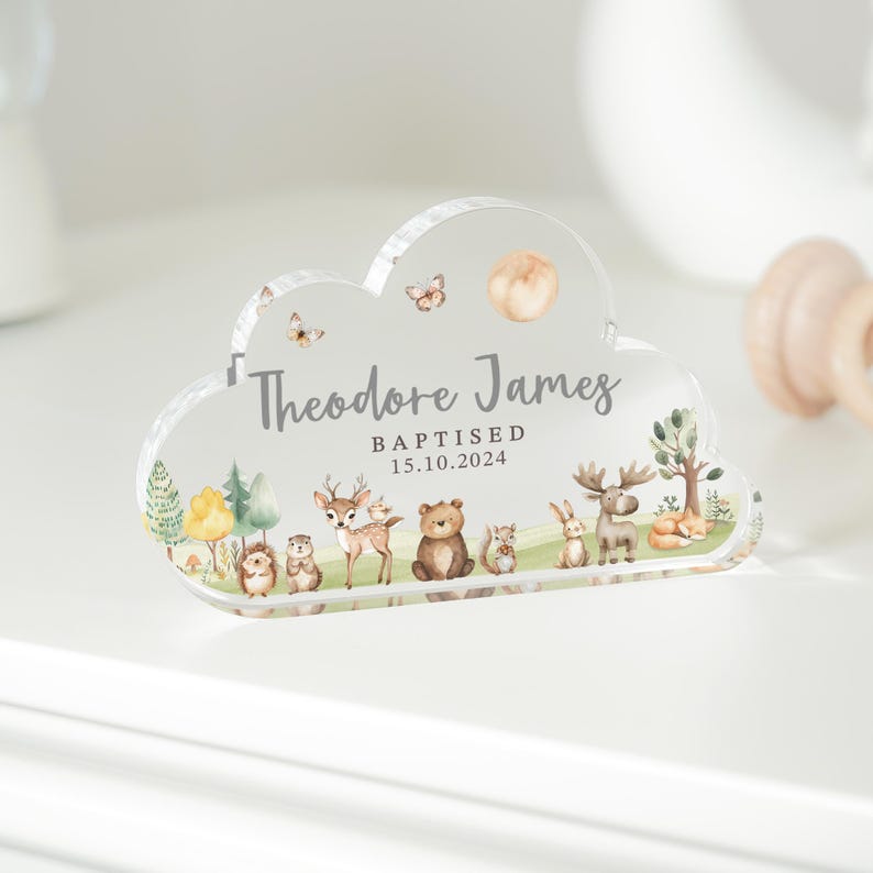 Personalised Christening Gift, Woodland Cloud Baby Plaque, Christening Keepsake Gift, Gift for New Baby, Baptised Gift, Dedicated Gifts