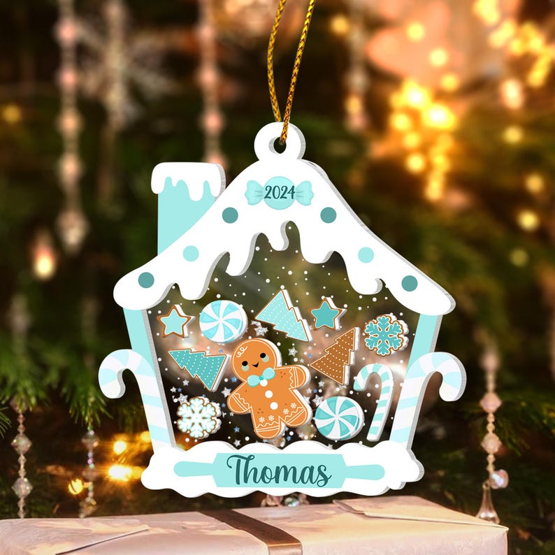 Personalized Gingerbread House Kids Ornament, Custom First Christmas Kids Ornament 2024, 1st Christmas Ornament, 4D Shake Kids Girl Ornament