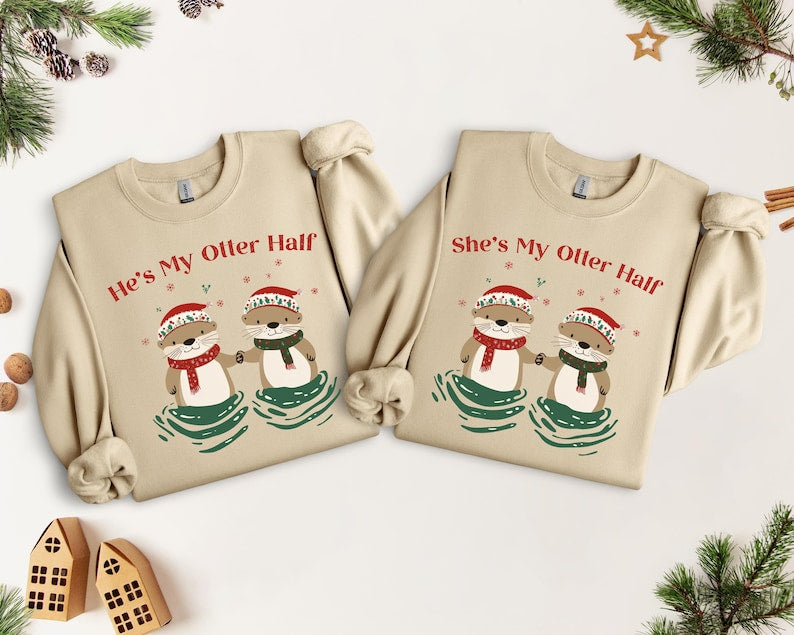 Unisex Sweatshirt He's My Otter Half, Cozy Winter Sweater She's My Otter Half, cute gift for couples, matching shirt for partners