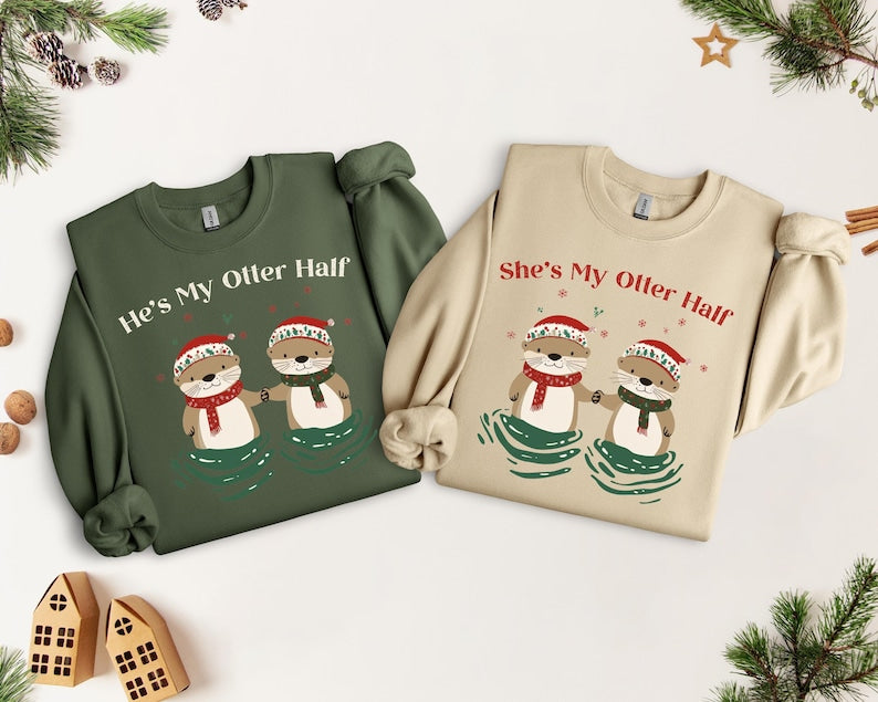 Unisex Sweatshirt He's My Otter Half, Cozy Winter Sweater She's My Otter Half, cute gift for couples, matching shirt for partners