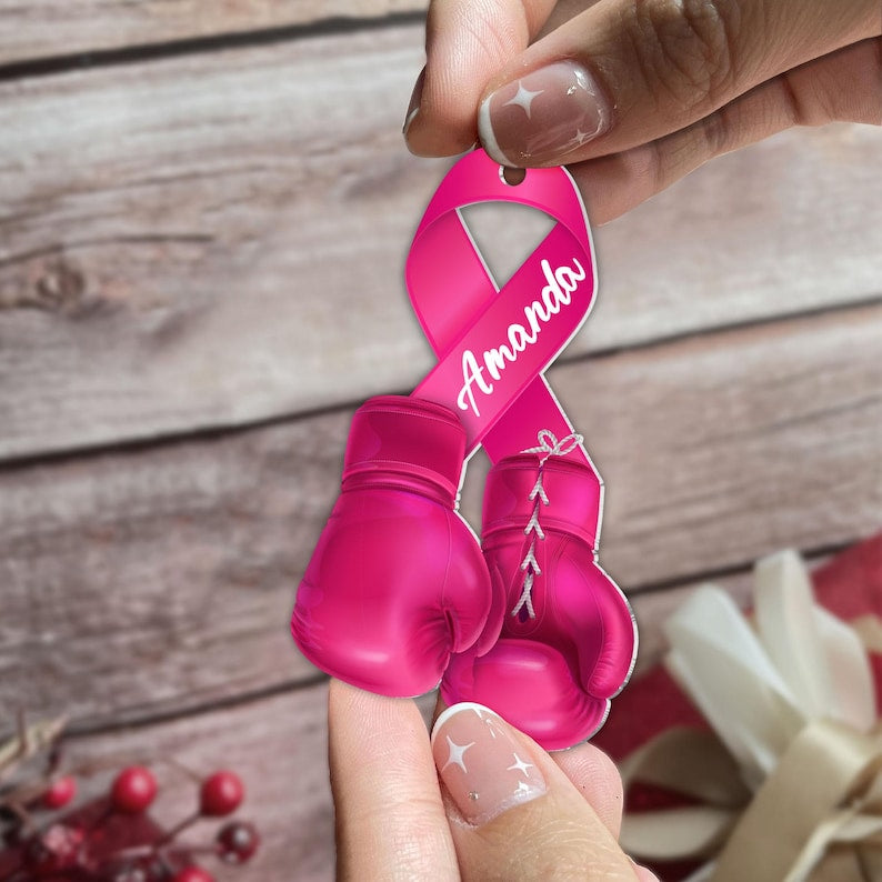 Personalized Breast Cancer Ornament Awareness Gifts, Pink Boxing Gloves Ribbon, Custom Breast Cancer Ornament, Cancer Ribbon Ornament