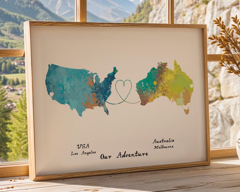 Personalised Map Print - Any two countries - Custom Map Art - Available in 9 Colours