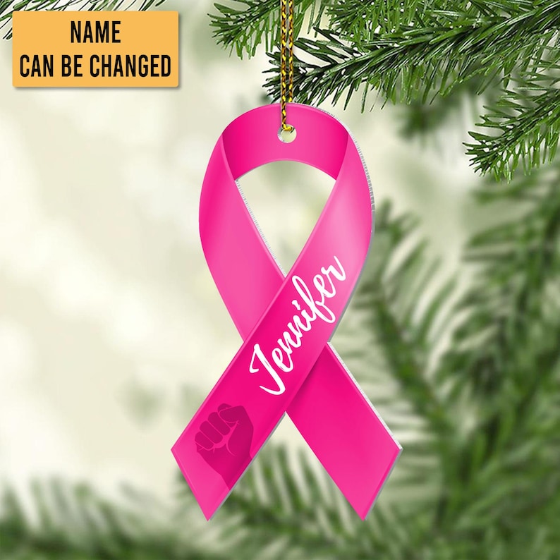 Personalized Breast Cancer Ornament Awareness Gifts, Pink Boxing Gloves Ribbon, Custom Breast Cancer Ornament, Cancer Ribbon Ornament
