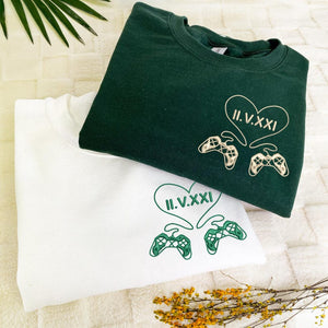 Embroidered Game Controller Shirt, Custom Embroidered Name Date Couple Sweatshirt, Personalized Anniversary Gift, Valentines Gift For Her