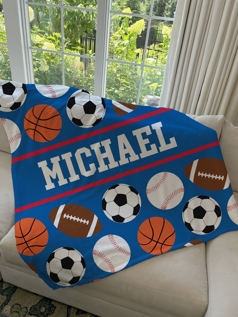 Personalized Kids Sports Blanket, Custom Blanket, Basketball Football Baseball Blanket, Gift for him, Team Gift, Fleece + Sherpa Available