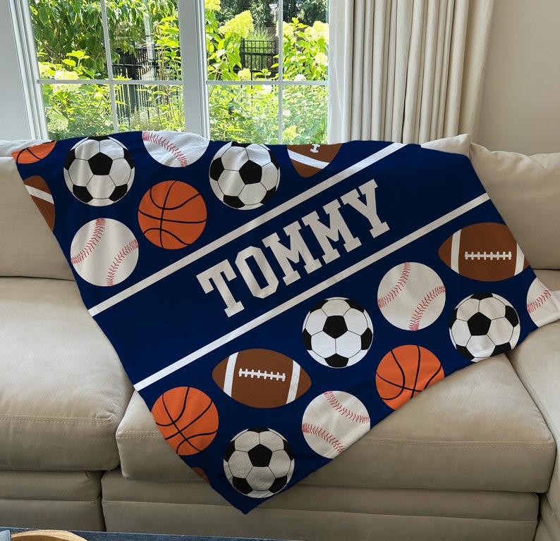 Personalized Kids Sports Blanket, Custom Blanket, Basketball Football Baseball Blanket, Gift for him, Team Gift, Fleece + Sherpa Available