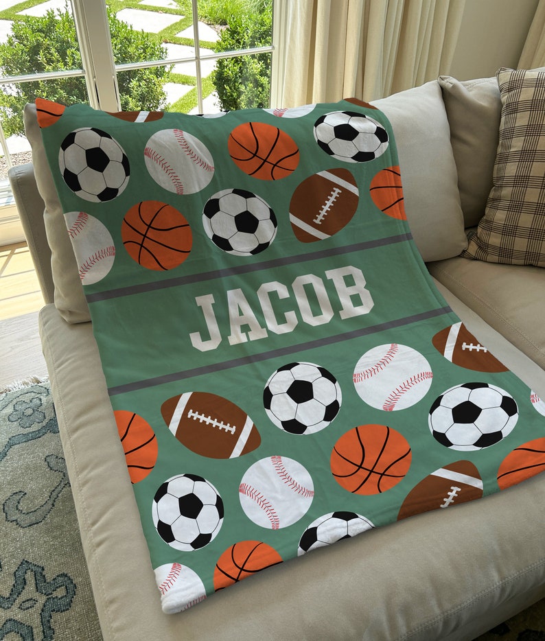 Personalized Kids Sports Blanket, Custom Blanket, Basketball Football Baseball Blanket, Gift for him, Team Gift, Fleece + Sherpa Available