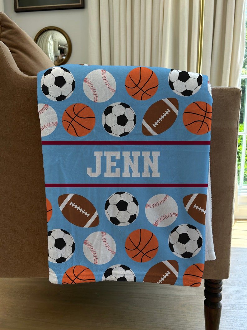 Personalized Kids Sports Blanket, Custom Blanket, Basketball Football Baseball Blanket, Gift for him, Team Gift, Fleece + Sherpa Available