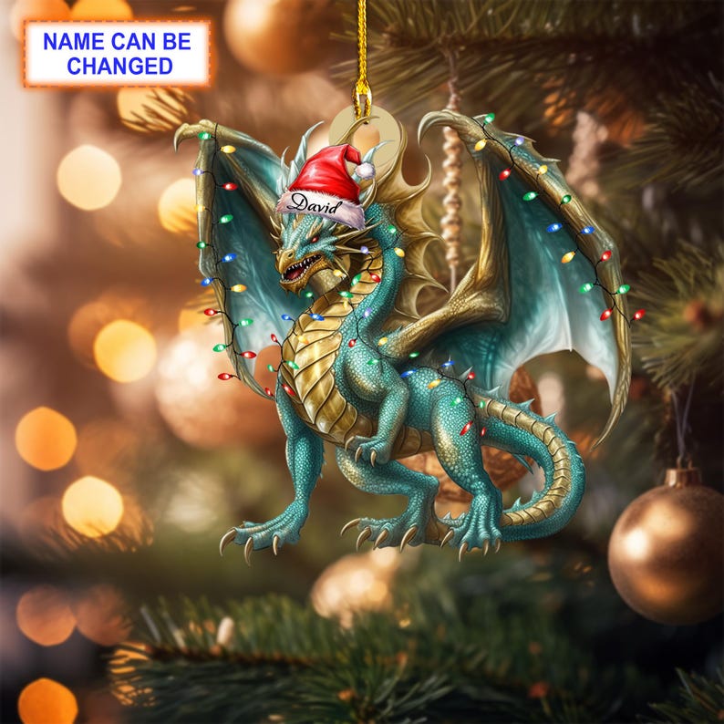 Custom Name Dragon Holiday Christmas Ornament, Christmas Tree Hanging Decor, Flat 2D Ornament Acrylic/ Wooden, Gift For Dragon Lover