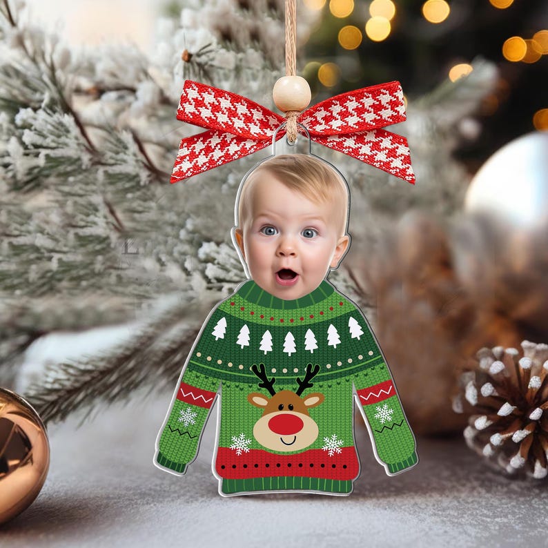 Custom Photo Funny Kid In Christmas Ugly Sweater, Personalized Kid's Face Christmas Ornament, Personalized Acrylic Ornament