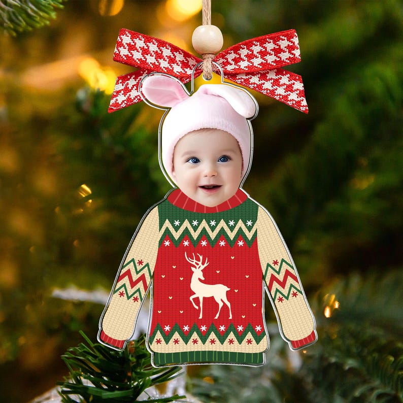 Custom Photo Funny Kid In Christmas Ugly Sweater, Personalized Kid's Face Christmas Ornament, Personalized Acrylic Ornament