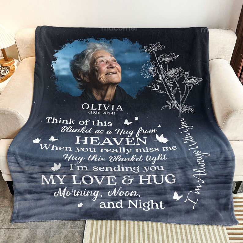 Personalized Memorial Photo Blanket, Think Of This Blanket As A Hug From Heaven, Gift For Loss Of Loved One, Bereavement Gift, Sympathy Gift