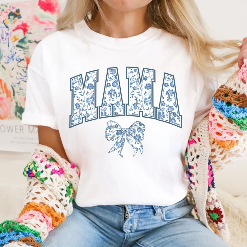 Mama Shirt, Blue Ribbon Shirt, Mothers Day Gift, Girly Aesthetic Gift For Mom, Cute Mom Shirt, Bow Shirt, Chinoiserie Shirt