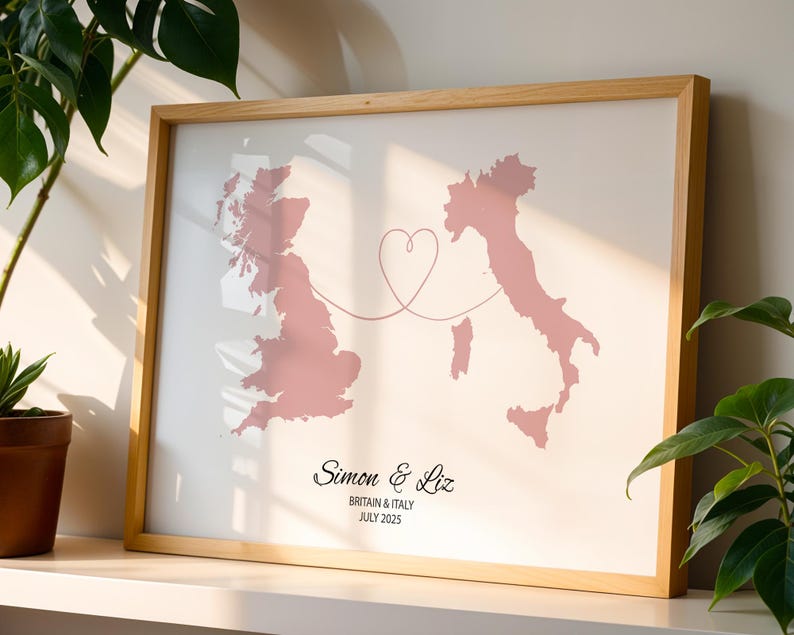 Personalised Map Print - Select two countries - Customisable Map Art - Perfect Travel Gift - Available in 6 Colours