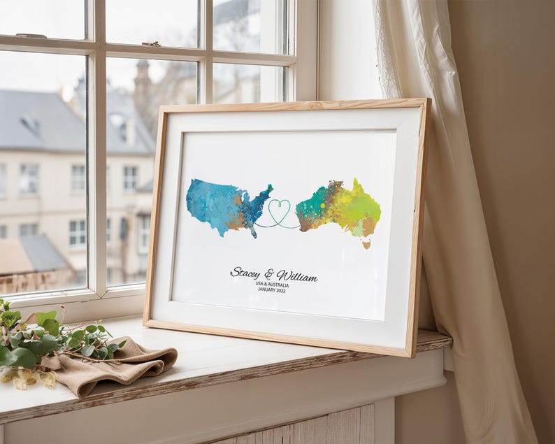 Personalised Map Print - Select two countries - Customisable Map Art - Perfect Travel Gift - Available in 6 Colours