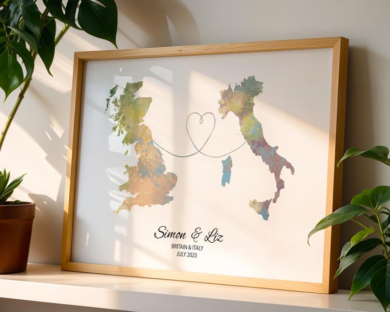 Personalised Map Print - Select two countries - Customisable Map Art - Perfect Travel Gift - Available in 6 Colours