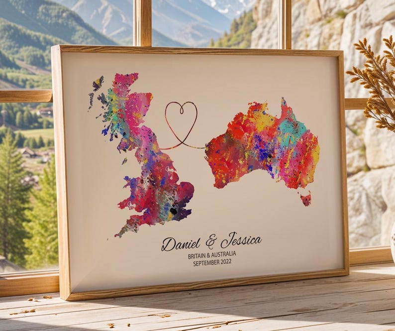 Personalised Map Print - Select two countries - Customisable Map Art - Perfect Travel Gift - Available in 6 Colours